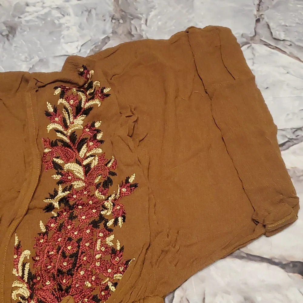 NWT Free People Pretty Pineapple Embroidered Dress S Brown Floral Boho V Neck - Picture 12 of 16